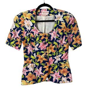 Vintage 90s Floral Blouse Size 4 Small Short Sleeve Peplum Hem Lilly Romantic